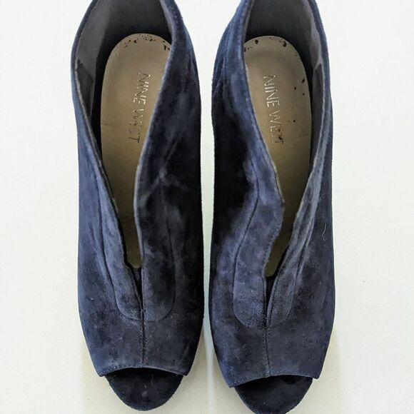 Nine West Booties Open Toe Suede Ankle Boots Slips Deep V Cut Blue 7 4" Heels - Picture 2 of 7